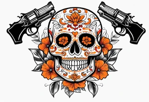 Orange Sugar skull with guns that are orange and red with smoke around it tattoo idea