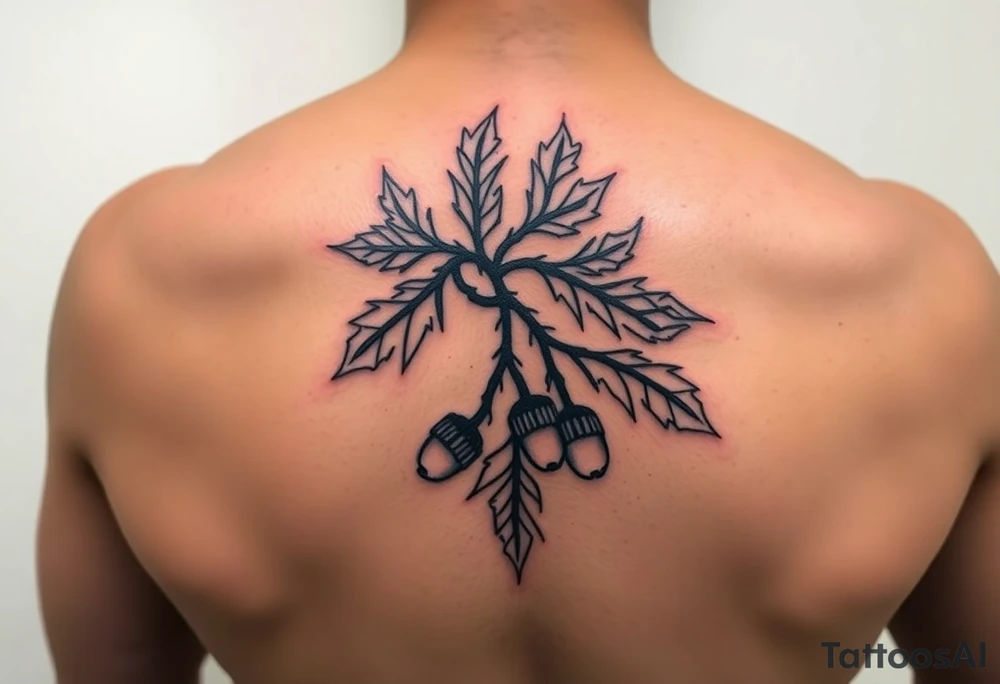 oak branch with thick leaves and acorns tattoo idea