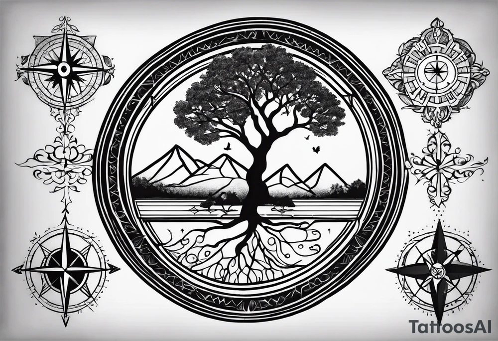 Create me a tattoo only in black with thin lines with a tree of life in the middle, a compass above with GPS coordinates, three little birds from the music "three little birds" by Bob Marley. tattoo idea