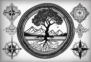 Create me a tattoo only in black with thin lines with a tree of life in the middle, a compass above with GPS coordinates, three little birds from the music "three little birds" by Bob Marley. tattoo idea