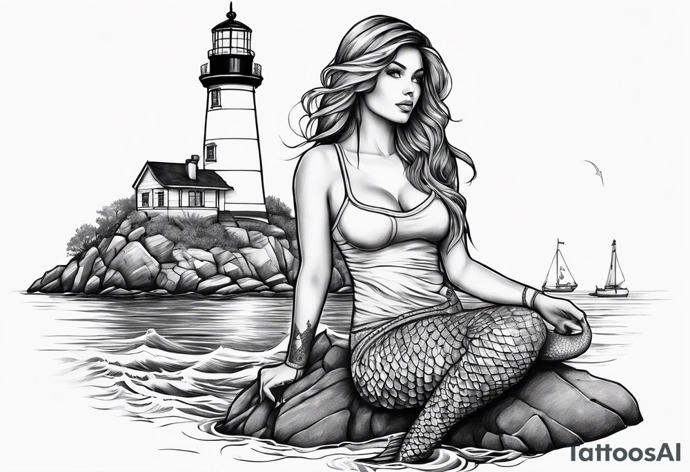 Mermaid sitting on a lighthouse’s rock, vessel, a compass, a nautical chart tattoo idea