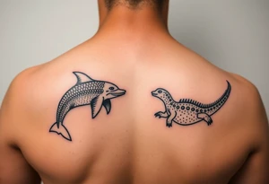 aboriginal indigenous - 2 tribes dolphin and sand goanna. Sibling symbols 2 females 1 male. Water ways dot art on arm tattoo idea