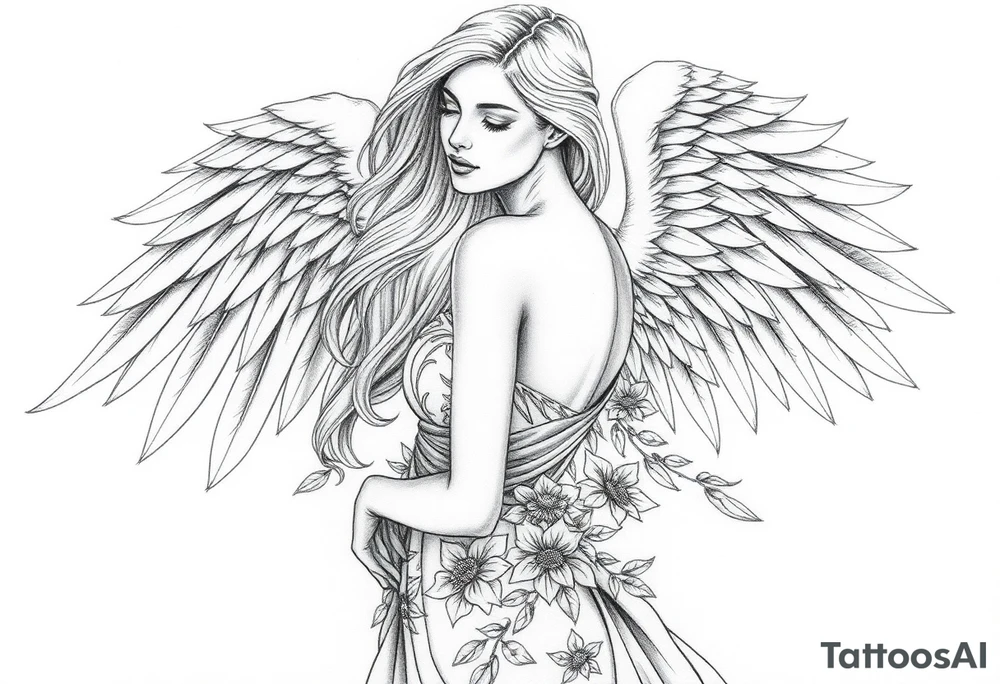 .


🌟 Image 2: Angelic Woman Tattoo Design
 
A beautifully detailed pencil sketch of an angelic woman with long flowing hair and magnificent feathered wings. She wears a flowing, nature-inspired gown adorned with floral and leaf patterns, blending elegance and divine femininity. Her expression is serene yet strong. The feathers and fabric flow gracefully around her, creating a sense of lightness and movement. The black-and-white pencil drawing gives it a timeless, classical tattoo appeal.

Keywords: angel woman, divine beauty, feathered wings, floral gown, feminine strength, heavenly figure, pencil sketch, classic tattoo tattoo idea