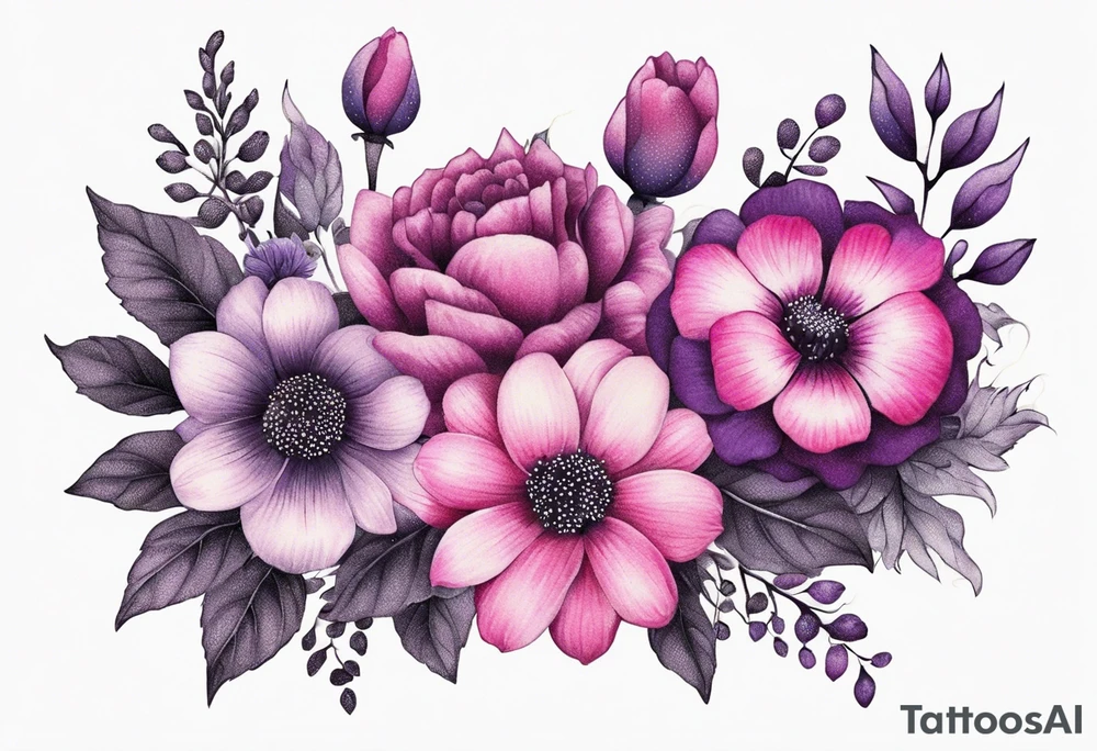 bouquets of pink and purple flowers very bright tattoo idea