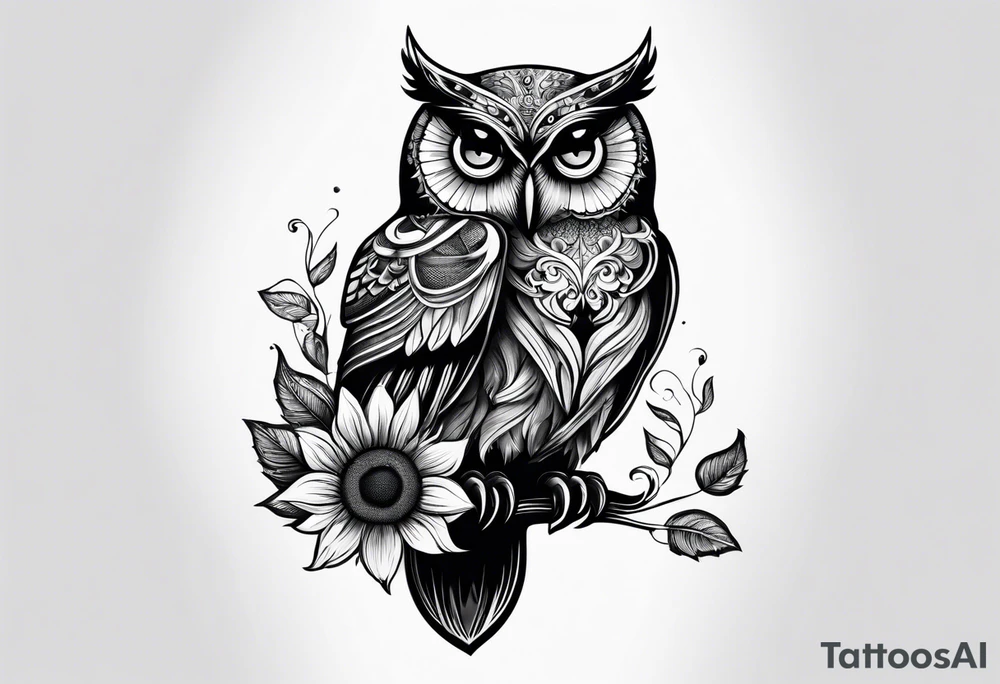 Owl, sunflower with a butterfly tattoo idea