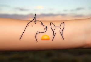 outline of pitbull ears, next to the outline of austrailian cattle dog ears, as they look off into the sunset tattoo idea
