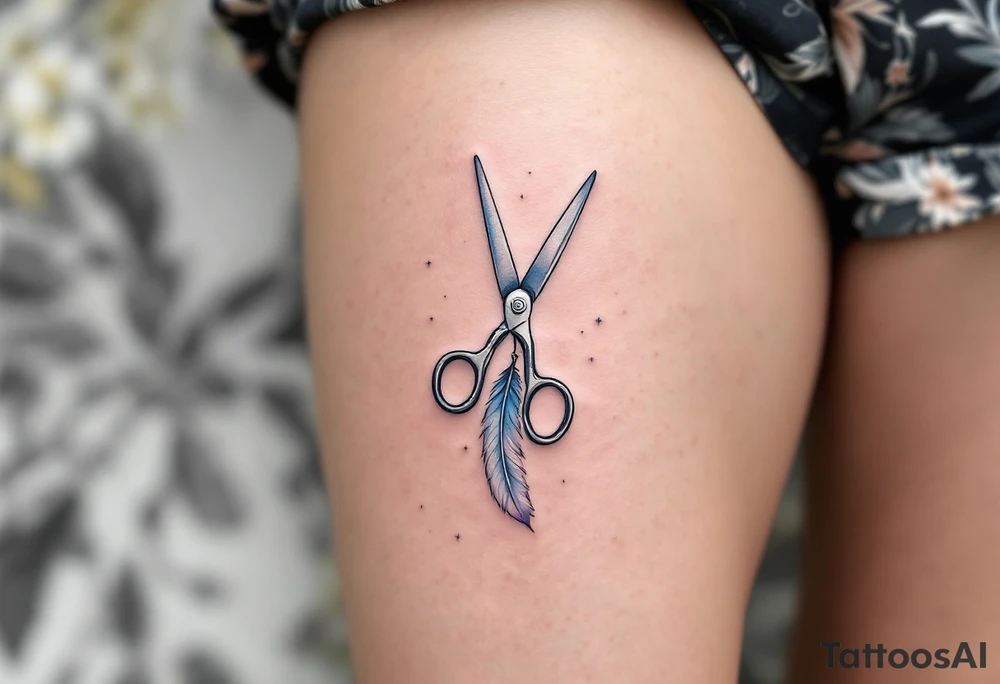 Scissors and Feather Tattoo – A set of lightly shaded silver scissors with a feather delicately hanging from the handle, with subtle blue and gray shading, giving the design a whimsical, airy feel that symbolizes freedom and creativity. tattoo idea