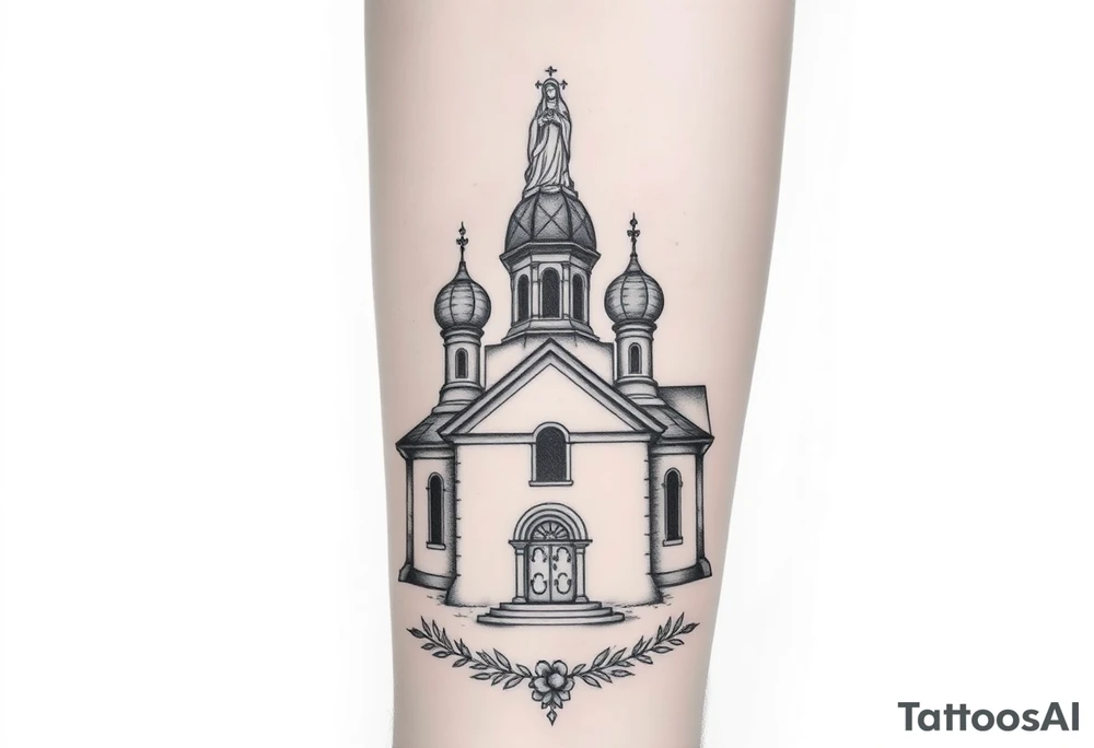 in a dorsal view a detailed medium sized country style russian orthodox church with onion domes and a band at the front with mist shrouding the top and fading into a virgin mary overlooking above at the top tattoo idea
