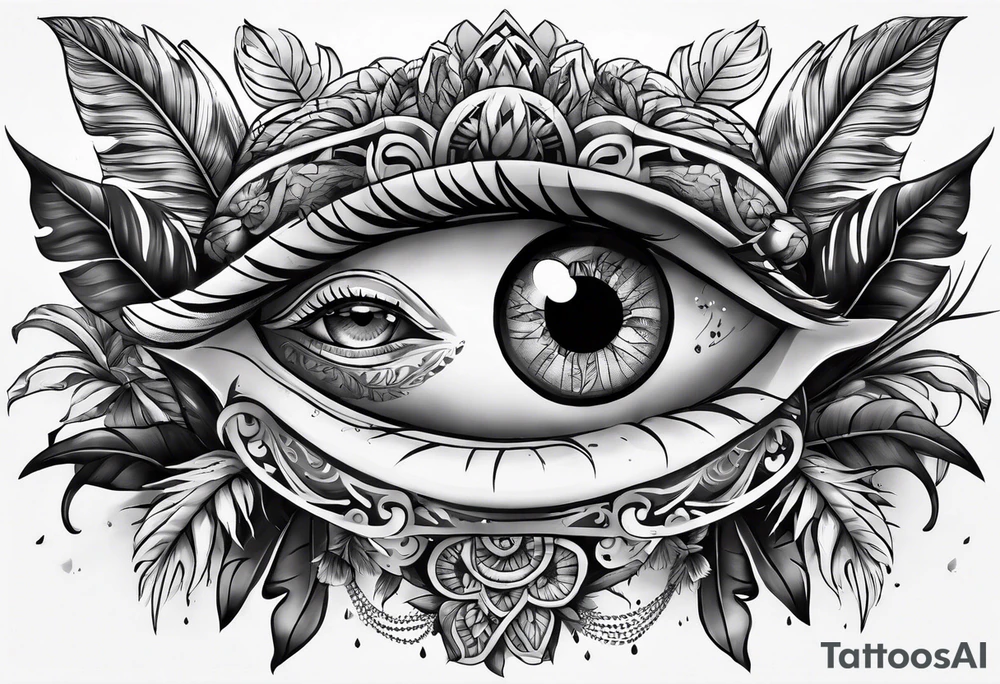 full arm sleeve tattoo with all-seeing eye and jungle plants tattoo idea
