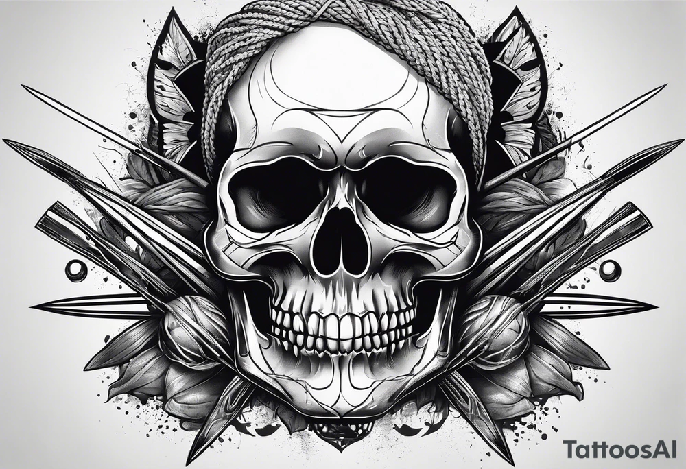 Black line skull with knitting needles stabbing through the eye sockets tattoo idea