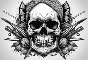 Black line skull with knitting needles stabbing through the eye sockets tattoo idea