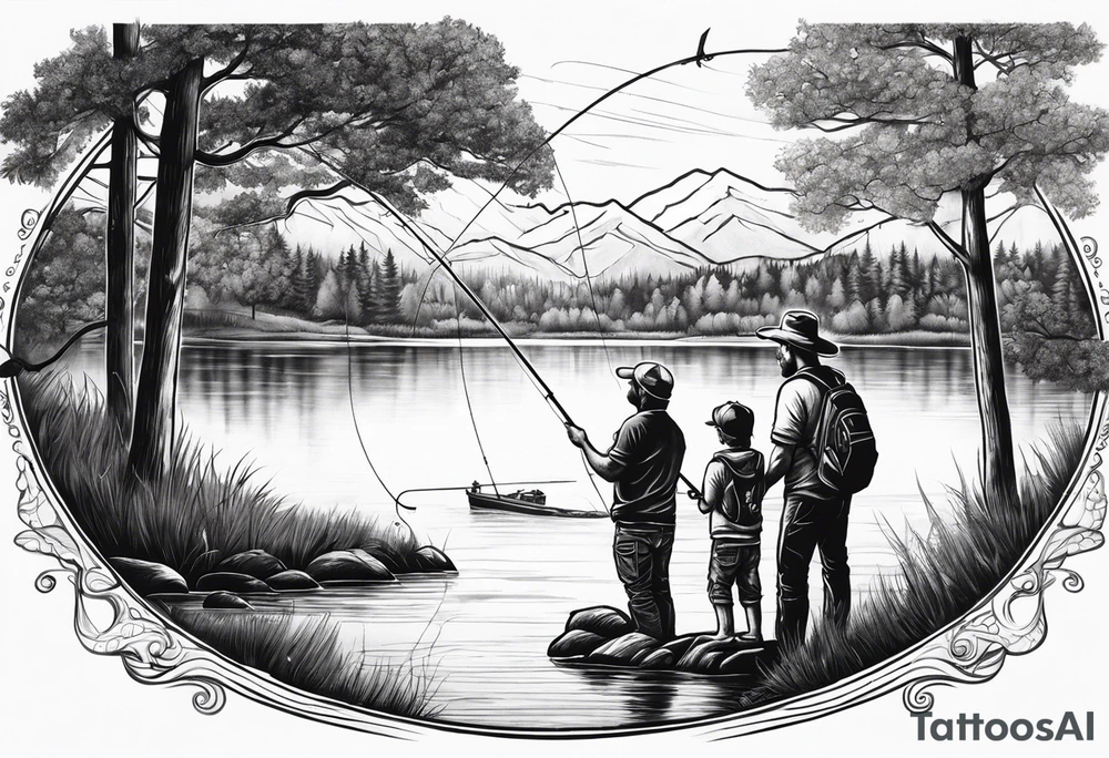 Father, son, and daughter fishing from bank on a lake with trees surrounding them tattoo idea