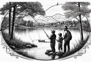 Father, son, and daughter fishing from bank on a lake with trees surrounding them tattoo idea
