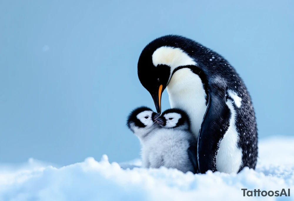 A penguin mother in black and white cuddling her chick in a snowy blue background shows warmth and constant presence. tattoo idea