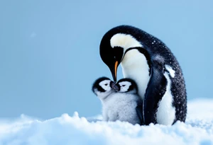 A penguin mother in black and white cuddling her chick in a snowy blue background shows warmth and constant presence. tattoo idea