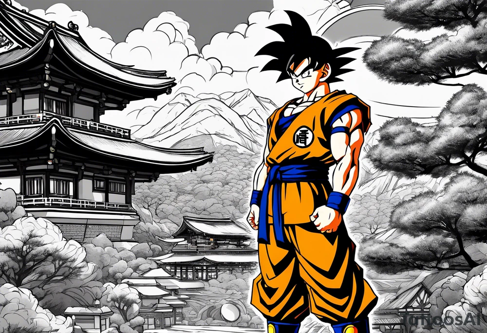 Son-Goku as a child in the foreground and an older version of him as a super saiyajin behind him. A huge dragonball surrounds the whole scenery. Fokus friends are surrounding him as shadows tattoo idea