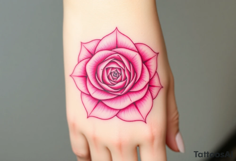 The pink rose appears as if viewed through a mesmerizing kaleidoscope, with its delicate petals radiating outward in a perfectly symmetrical, fractal-like pattern. Shades of soft blush and vibrant magenta blend seamlessly, creating a hypnotic, almost surreal visual effect that draws the eye deeper into its intricate layers. The petals seem to fold and reflect infinitely, forming geometric shapes that shift and transform, giving the rose an ethereal, dreamlike quality. tattoo idea