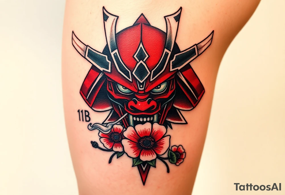 Big Rouge ronin to cover the entire thigh with smoke coming out of its mouth with 11b tattooed under its left eye with 1 poppy on each side of the ronin tattoo idea