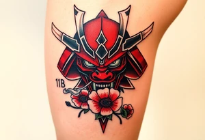 Big Rouge ronin to cover the entire thigh with smoke coming out of its mouth with 11b tattooed under its left eye with 1 poppy on each side of the ronin tattoo idea