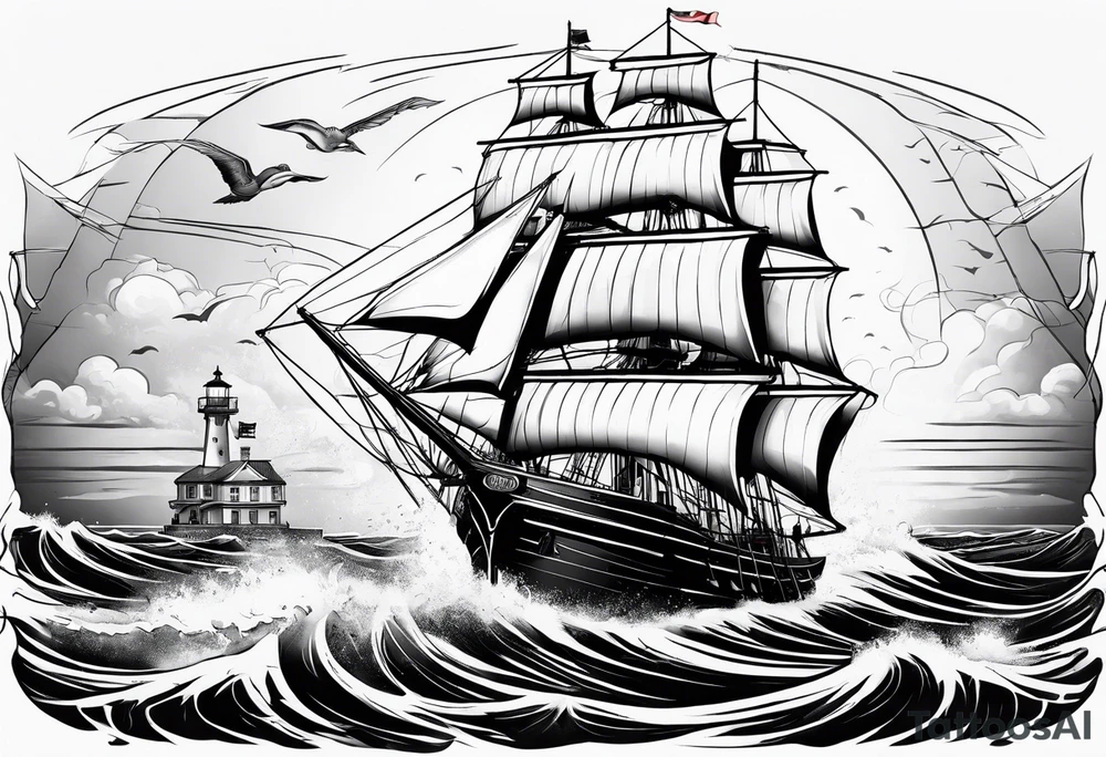 ghost marine lighthouse behind the bow of a sailboat. tattoo idea