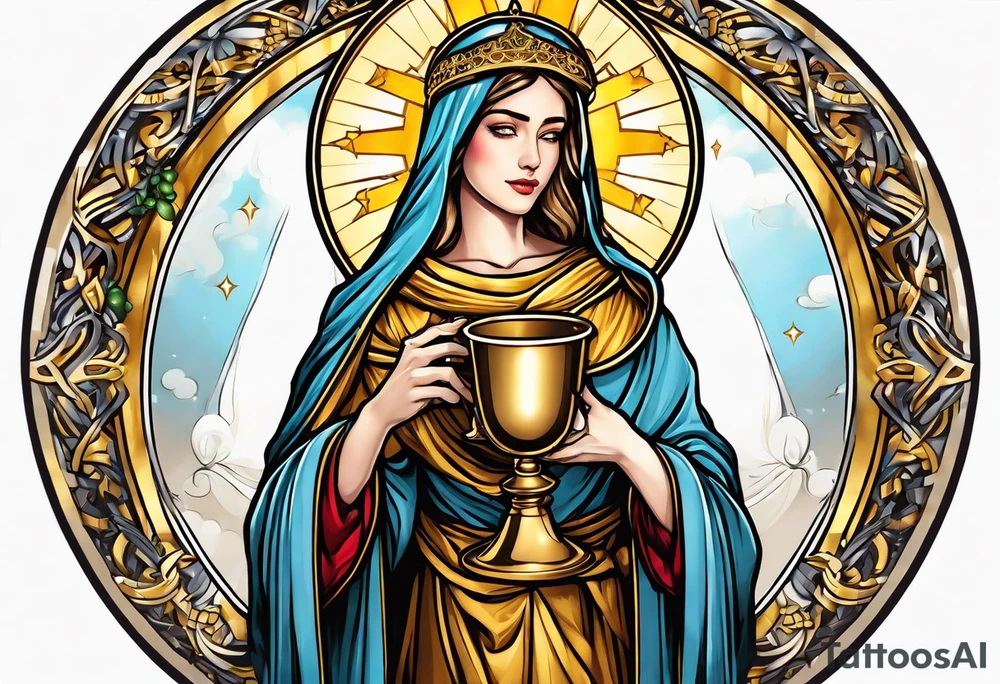 woman saint holding chalice surrounded by golden halo tattoo idea