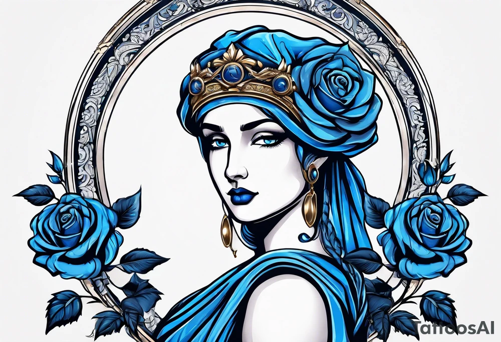 ancient rome clothes women, with ancient scale in one hand, blue rose frames, justicia keeps  scale tattoo idea