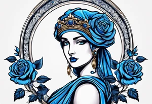 ancient rome clothes women, with ancient scale in one hand, blue rose frames, justicia keeps  scale tattoo idea