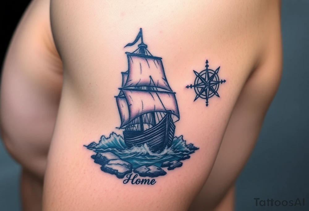 A tattered galleon ship sailing toward a stormy and rocky shore and a compass pointing home tattoo idea