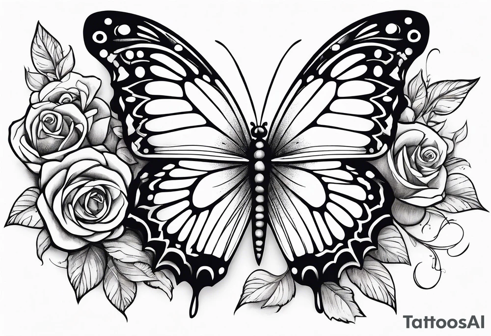 Butterfly flying with roses & filligree tattoo idea