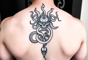 Vertical tattoo with Medusa head and coiled snakes with pirate ship with the kraken wrapped around it and poisiden at the bottom tattoo idea