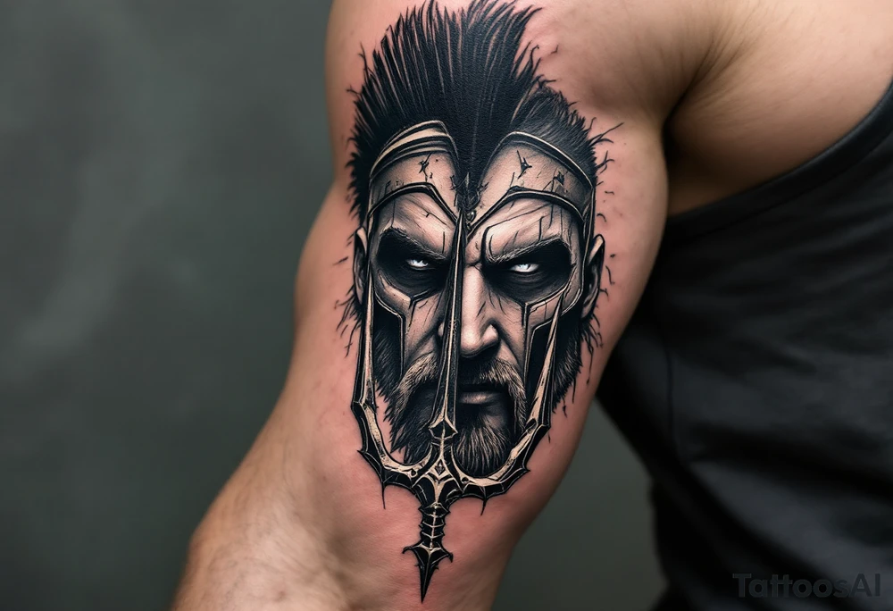 close-up spartan face behind trident tattoo idea