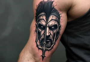 close-up spartan face behind trident tattoo idea