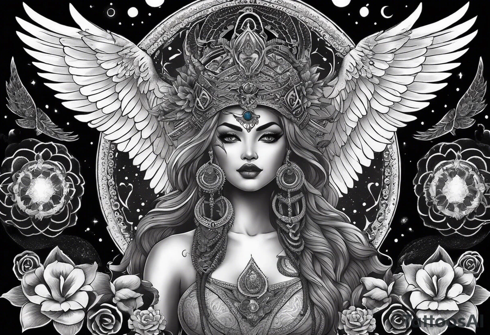 black kali, goddess pirate, alien, angel, pachamama, valkrye, warrior, flying, skull, lotus azul, wing, eagle, zenza resonance, stars, 5D, anahata chakra, death, durga, riding on a tiger, flying lady, kundalini, chest tatoo, samuri, rebel, serpent tattoo idea