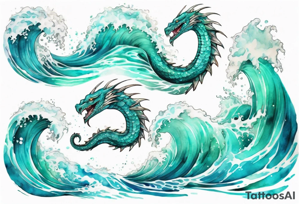 a beautiful turquoise sea serpent emerging from an ocean wave, crashing onto the shore tattoo idea