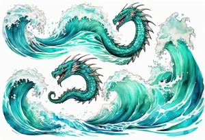 a beautiful turquoise sea serpent emerging from an ocean wave, crashing onto the shore tattoo idea
