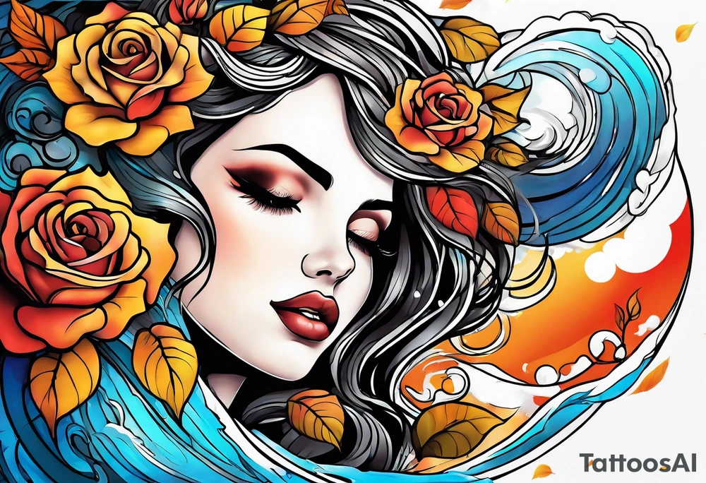 thigh tattoo with fall colors showing, flowers, roses, water flow, and sky tattoo idea