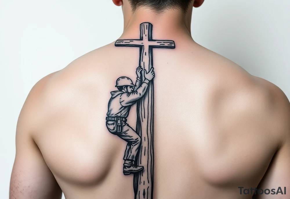power lineman climbing a wooden 12kv pole. Make the pole a cross that has a hidden resemblance to god tattoo idea
