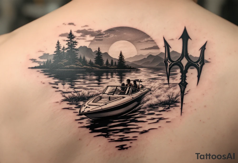 trident half way under calm water with sanger skiboat and sunset tattoo idea