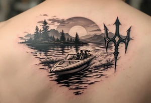 trident half way under calm water with sanger skiboat and sunset tattoo idea