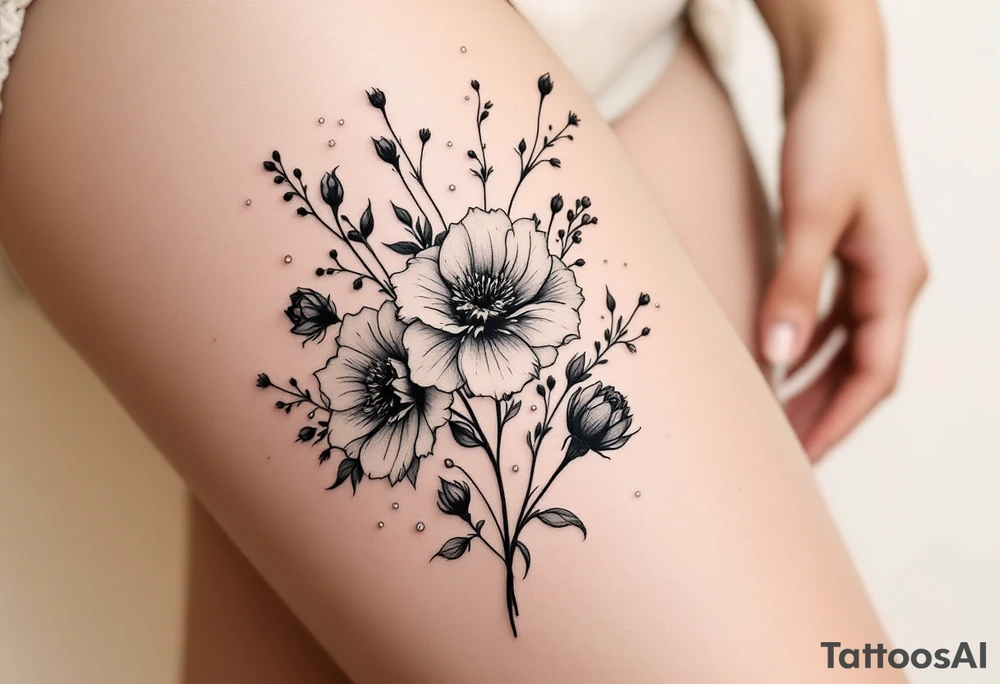 vintage bouquet of wild roses and meadow flowers with morning dew tattoo idea