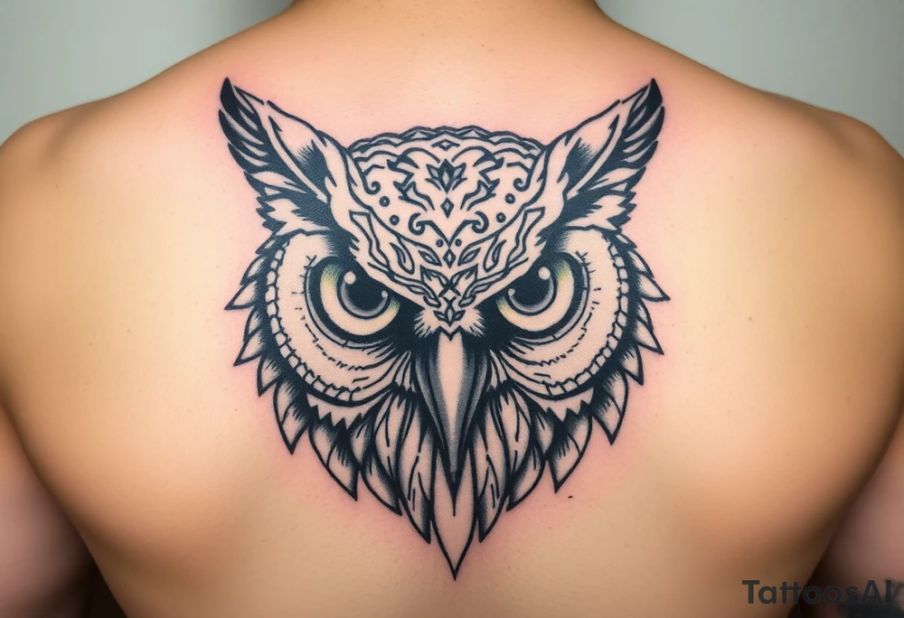Owl head with large intense tripping on acid colored eyes with cyberpunk style tattoo idea