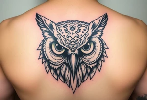 Owl head with large intense tripping on acid colored eyes with cyberpunk style tattoo idea