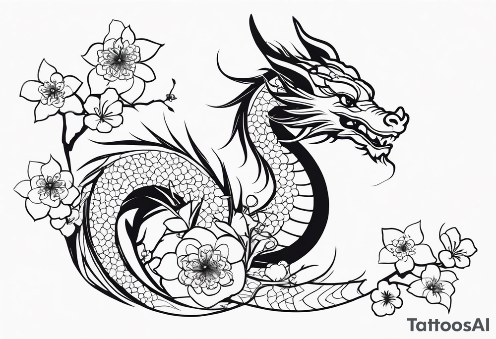 dragon, japanese, female, cherry blossoms, vines, elegant, minimalist, sleek tattoo idea