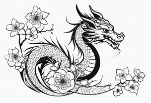 dragon, japanese, female, cherry blossoms, vines, elegant, minimalist, sleek tattoo idea