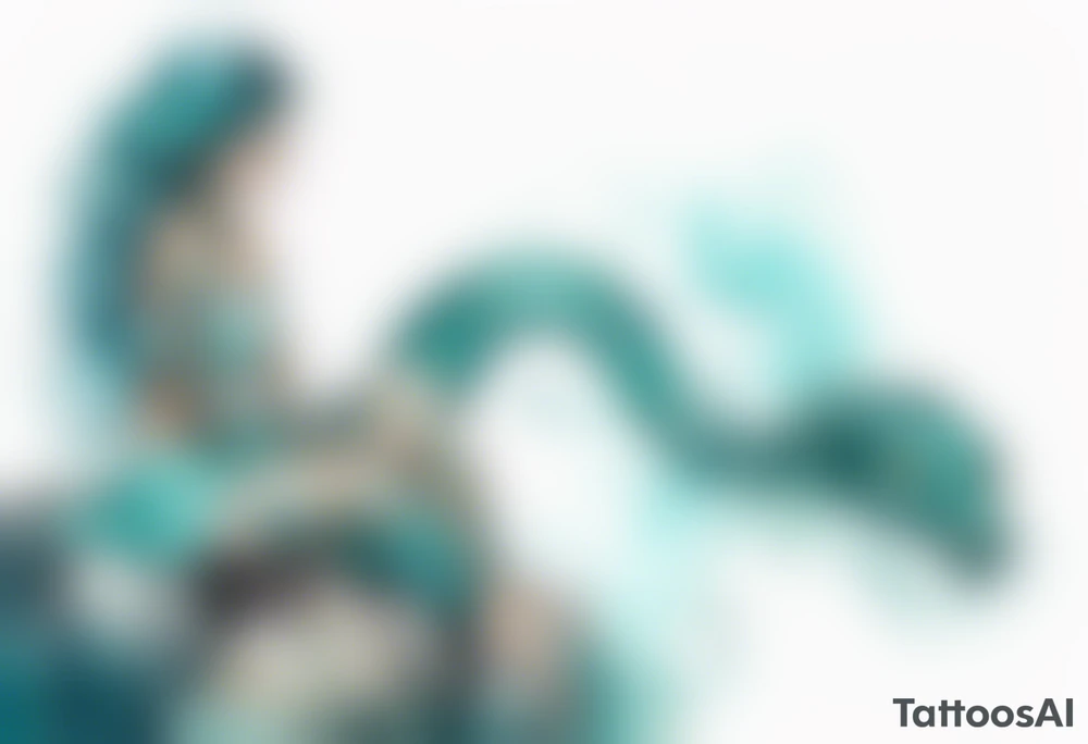 A sea serpent woman hybrid covered in turquois scales sitting on rocks by the ocean tattoo idea