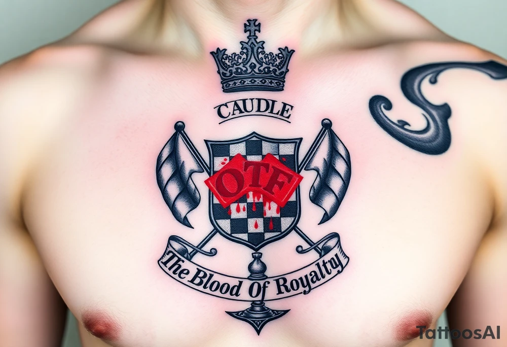 Men Crest  with A king crown on top, CAUDLE written inside red, a chessboard, blood splatter on top of two red racing flags & OTF inside, Smoke surrounding the outside of the crest, & The Words The Blood Of Royalty in red underneath the crest & a King chess piece surrounding the outside of the crest tattoo idea