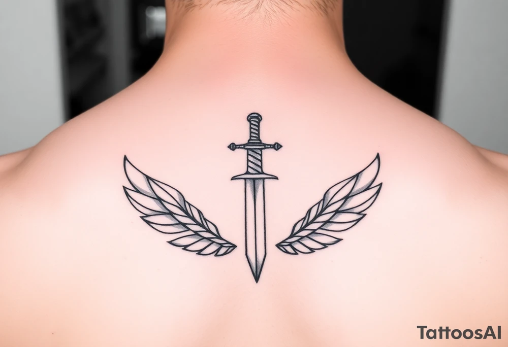 Laurel crown wreath surrounding sword and wings tattoo idea