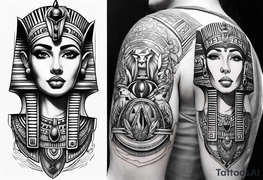 Sleeve with cleopatra, Horus and a Egyptian cat tattoo idea