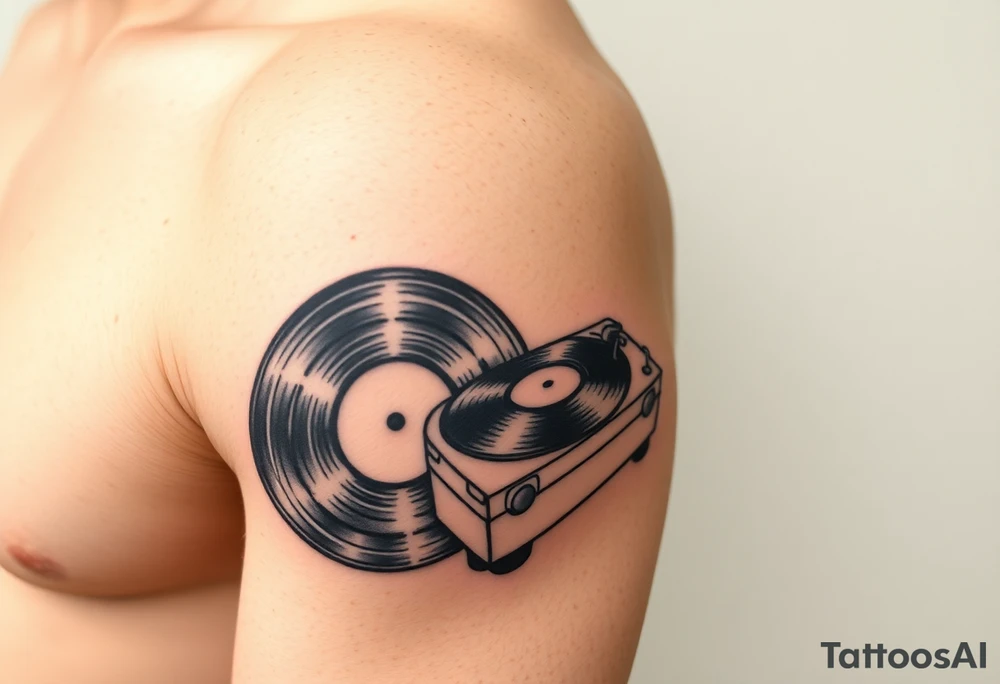 vinyl records and vinyl record player as an expression of love for house music tattoo idea