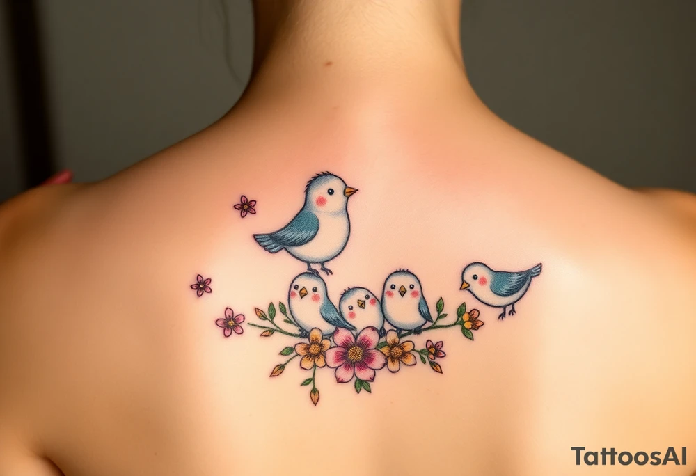 Mom bird and three baby birds with flowers tattoo idea